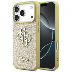 Husa pentru Apple iPhone 17 Pro Max, Guess, Fixed Glitter Big 4G Metal Frame, Aurie Husa pentru Apple iPhone 17 Pro Max, Guess, Fixed Glitter Big 4G Metal Frame, Aurie
