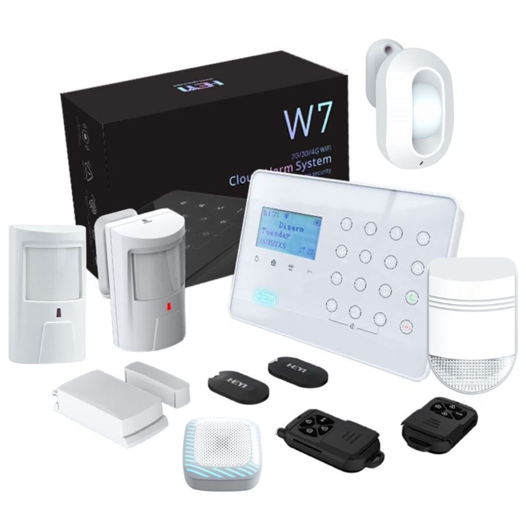 Kit alarma wireless antiefractie Heyi cu senzor de miscare, sirena exterior, sirena interior, suport 3G/4G, Wi-Fi, 32 zone, KIT-HEYI-W7-DSSS