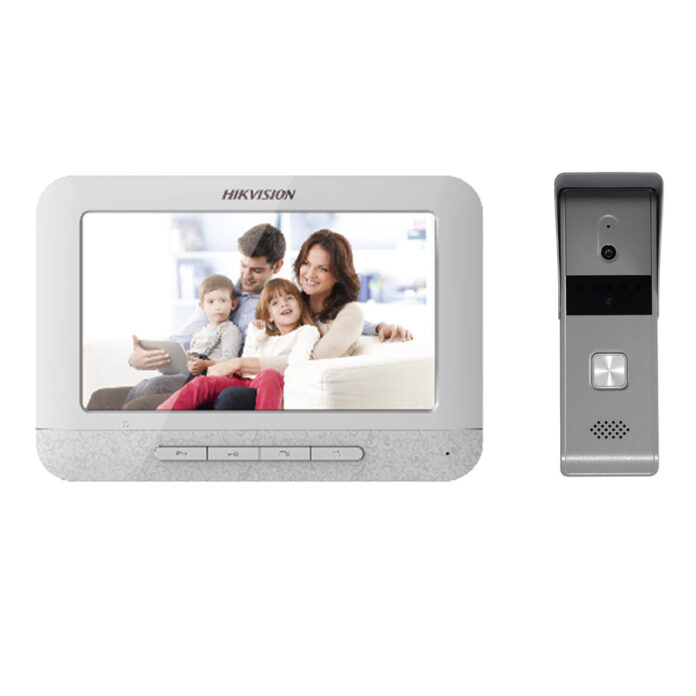 Kit videointerfon pe 4 fire Hikvision DS-KIS203T, 1 familie, 7 inch, aparent Kit videointerfon pe 4 fire Hikvision DS-KIS203T, 1 familie, 7 inch, aparent