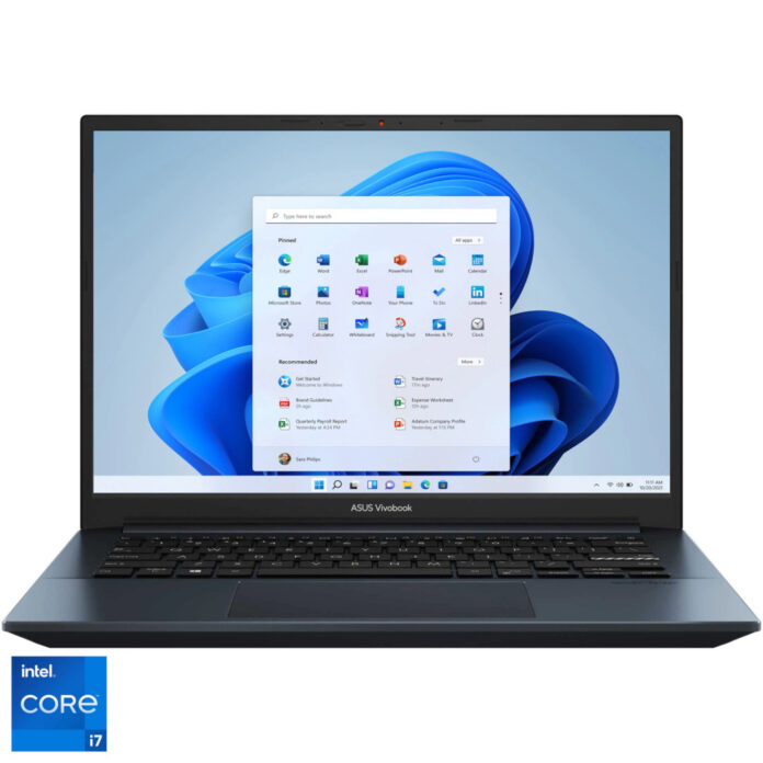 Laptop ultraportabil ASUS Vivobook Pro K3400PA, 14 inch, 2.8K, Intel Core i7-11370H, 16GB, 512GB SSD, Intel Iris Xe Graphics, Windows 11 Home, Quiet Blue Laptop ultraportabil ASUS Vivobook Pro K3400PA, 14 inch, 2.8K, Intel Core i7-11370H, 16GB, 512GB SSD, Intel Iris Xe Graphics, Windows 11 Home, Quiet Blue