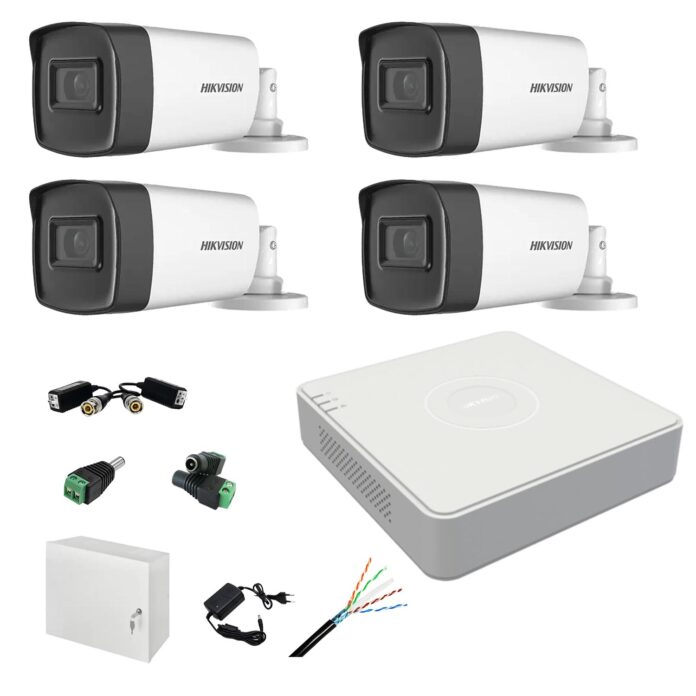 Kit complet profesional 4 camere supraveghere exterior 5MP TurboHD Hikvision IR 40m DVR 4 canale accesorii incluse Kit complet profesional 4 camere supraveghere exterior 5MP TurboHD Hikvision IR 40m DVR 4 canale accesorii incluse
