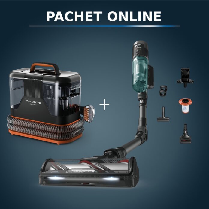 Pachet PROMO Aspirator tapiterie Rowenta Clean IT IN5011F0 si Aspirator vertical fara fir Rowenta X-Force Flex 12.60 NEO RH9L42WO Pachet PROMO Aspirator tapiterie Rowenta Clean IT IN5011F0 si Aspirator vertical fara fir Rowenta X-Force Flex 12.60 NEO RH9L42WO