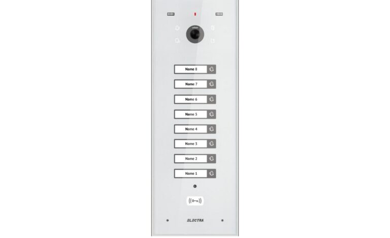Post exterior videointerfon Electra VPU.08F03.ELWTL, incastrat, 8 familii, ecran din sticla securizata, acces RFID, IP44, alb