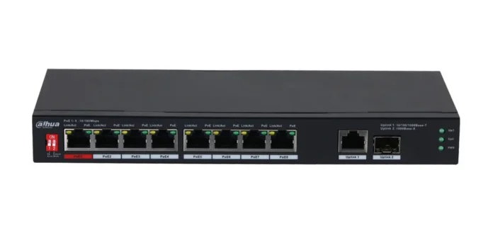 Switch 8x PoE Dahua PFS3110-8ET1GT1GF-96, 96W, 1 port SFP Gigabit, 1 port uplink Gigabit, fara management, Watchdog Switch 8x PoE Dahua PFS3110-8ET1GT1GF-96, 96W, 1 port SFP Gigabit, 1 port uplink Gigabit, fara management, Watchdog