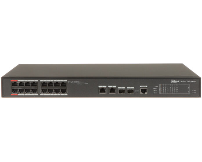 Switch 20 porturi, Dahua PFS4218-16ET-240-V3, 16x porturi PoE 10/100Mbps, 2x RJ45 Gb, 2 SFP GB, 240W, management, PoE watchdog Switch 20 porturi, Dahua PFS4218-16ET-240-V3, 16x porturi PoE 10/100Mbps, 2x RJ45 Gb, 2 SFP GB, 240W, management, PoE watchdog