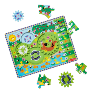 Puzzle din lemn cu rotite dintate pentru invatarea numararii prin joaca Animale vesele Puzzle din lemn cu rotite dintate pentru invatarea numararii prin joaca Animale vesele