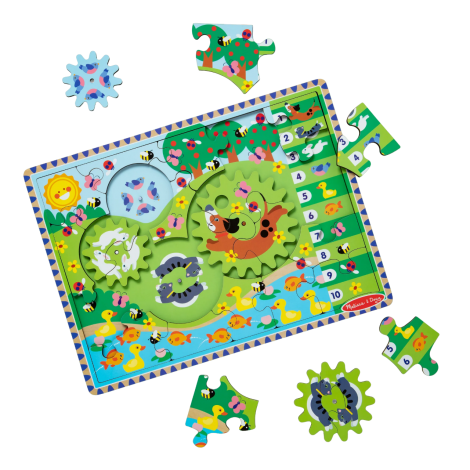 Puzzle din lemn cu rotite dintate pentru invatarea numararii prin joaca Animale vesele