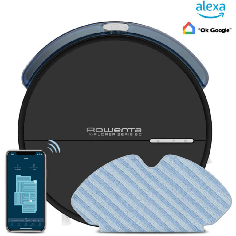 Aspirator robot Rowenta X-plorer Animal care Seria 60 RR7455WH, 2300 Pa, recipient praf 0.36l,  recipient apa 0,11l, autonomie 90 minute, sistem Aqua Force, tehnologie Gyro, navigare Smart Exploration 4.0, 3 moduri de curatare, Wi-Fi, functie mop, negru