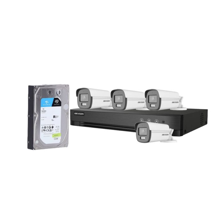 Sistem supraveghere exterior cu HDD 1TB HikVision, 4 camere, 5 MP, lumina alba 40 m, 2.8 mm Sistem supraveghere exterior cu HDD 1TB HikVision, 4 camere, 5 MP, lumina alba 40 m, 2.8 mm