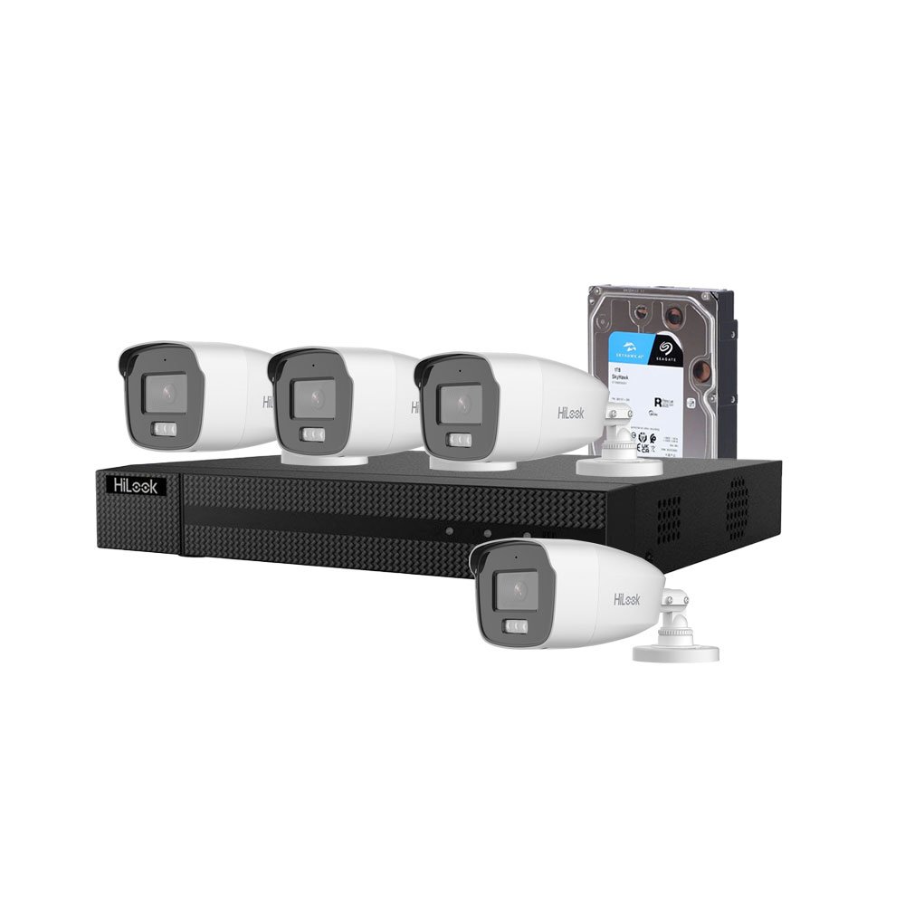 Sistem supraveghere exterior cu HDD 1 TB HikVision HiLook, 4 camere, 2 MP, 2.8 mm, IR/lumina alba 40 m, microfon Sistem supraveghere exterior cu HDD 1 TB HikVision HiLook, 4 camere, 2 MP, 2.8 mm, IR/lumina alba 40 m, microfon