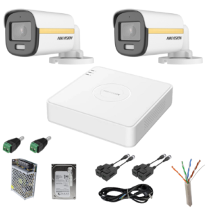 Sistem supraveghere Hikvision 2 camere analog 2MP ColorVu Microfon DVR 4 canale, accesorii Sistem supraveghere Hikvision 2 camere analog 2MP ColorVu Microfon DVR 4 canale, accesorii
