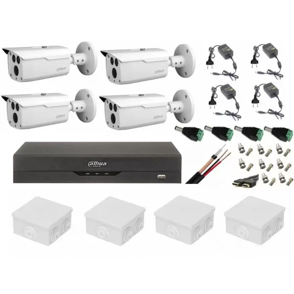 Sistem supraveghere video 4 camere Dahua HDCVI 2MP cu IR 80 m, accesorii incluse, vizualizare internet Sistem supraveghere video 4 camere Dahua HDCVI 2MP cu IR 80 m, accesorii incluse, vizualizare internet