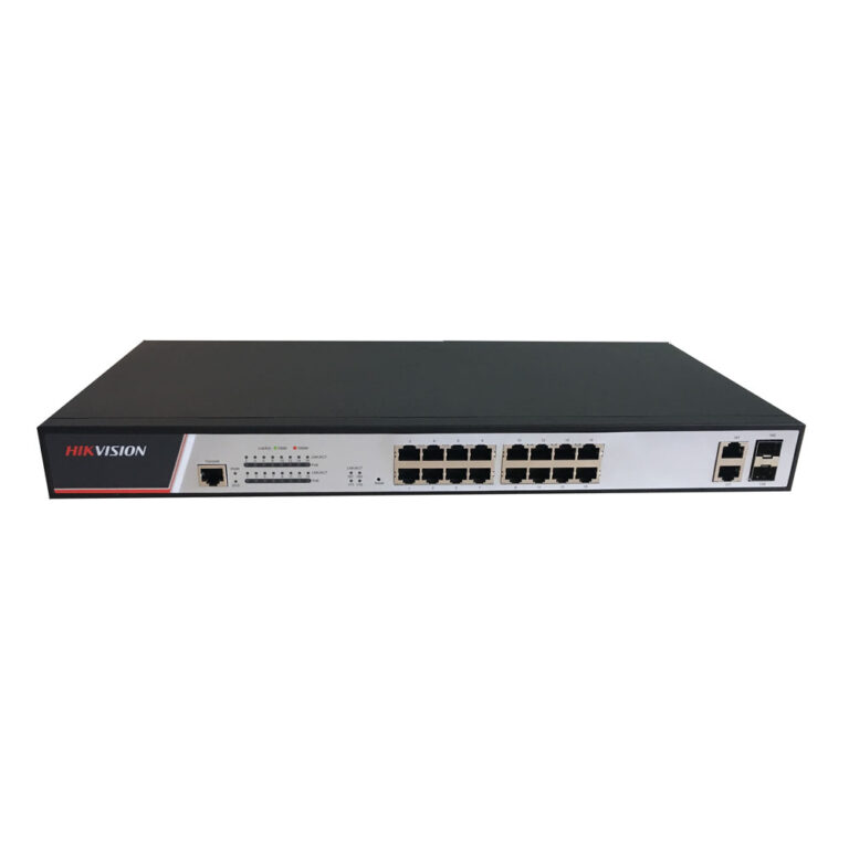 Switch cu 16 porturi Hikvision DS-3E2326P, 2 porturi Gigabit combo uplink, 21.2 Gbps, 8.4 Mpps, 8.000 MAC, PoE, cu management