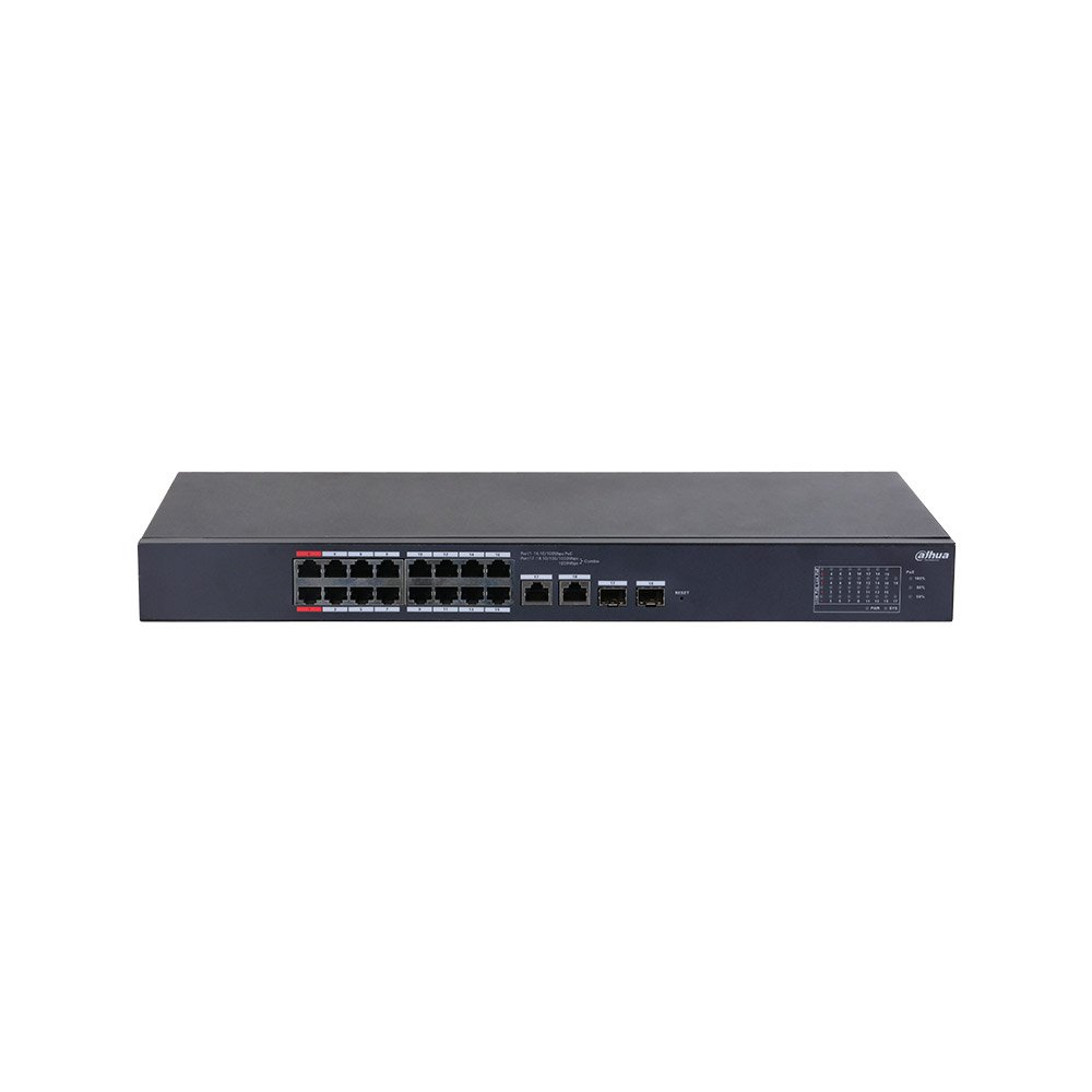 Switch cu 18 porturi Dahua CS4218-16ET-135, 16 porturi PoE, 2 porturi uplink, 8000 MAC, 7.2 Gbps, cloud management Switch cu 18 porturi Dahua CS4218-16ET-135, 16 porturi PoE, 2 porturi uplink, 8000 MAC, 7.2 Gbps, cloud management