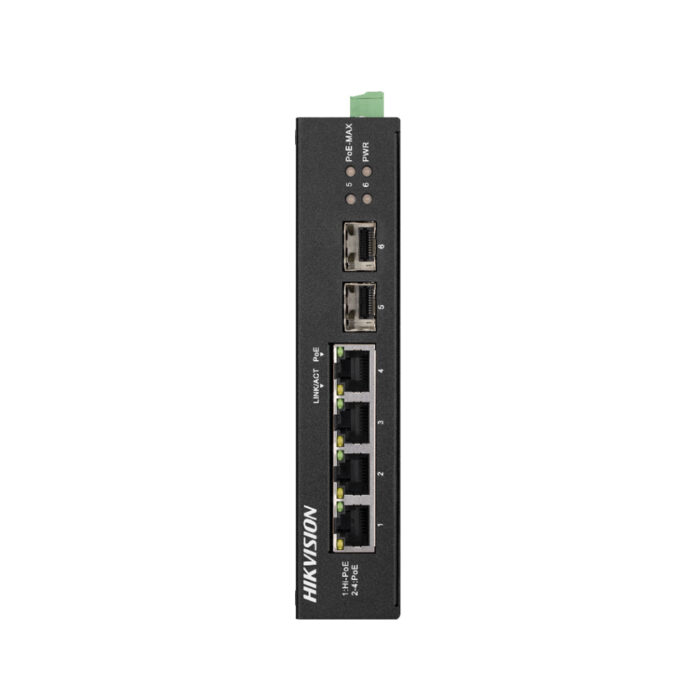 Switch cu 3 porturi PoE Gigabit Hikvision DS-3T0506HP-E/HS, 1 port Gigabit Hi-PoE, 2 porturi SFP, 12 Gbps, 8.928 Mpps, 4.000 MAC, fara management Switch cu 3 porturi PoE Gigabit Hikvision DS-3T0506HP-E/HS, 1 port Gigabit Hi-PoE, 2 porturi SFP, 12 Gbps, 8.928 Mpps, 4.000 MAC, fara management