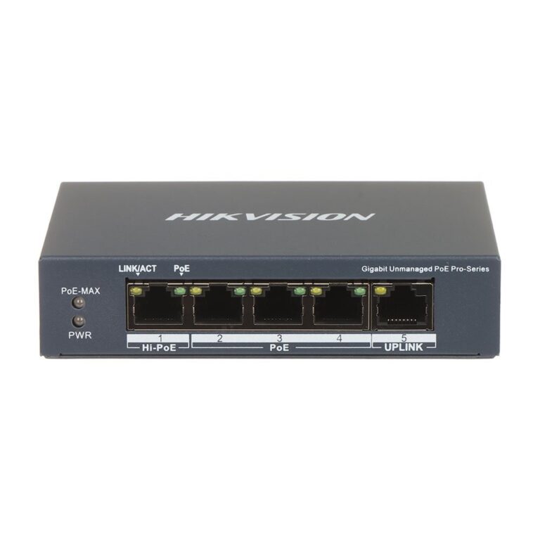 Switch cu 5 porturi Gigabit Hikvision DS-3E0505HP-E, 10 Gbps, 7.44 Mpps, 2000 MAC, Hi-PoE, fara management