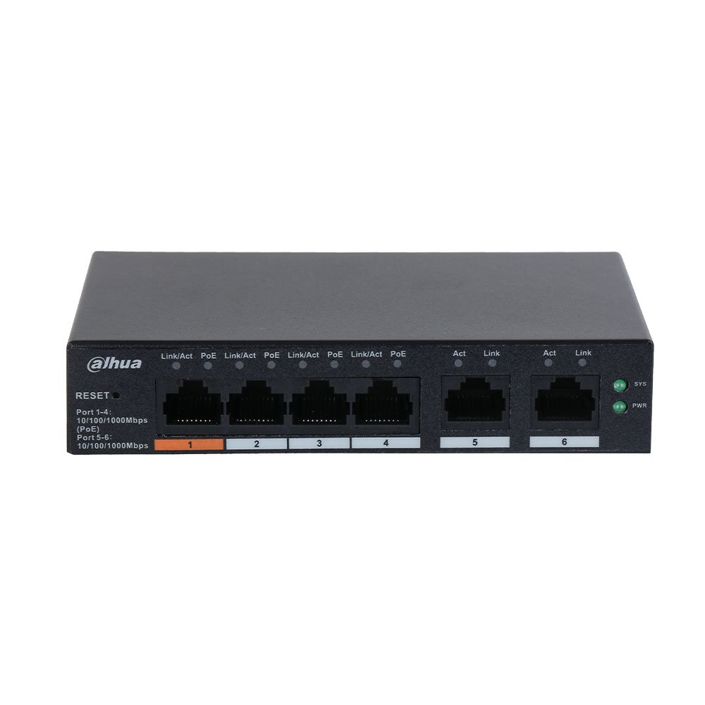 Switch cu 6 porturi Dahua CS4006-4GT-60, 4 porturi PoE Gigabit, 2 porturi uplink, 10/100/1000, cu cloud management Switch cu 6 porturi Dahua CS4006-4GT-60, 4 porturi PoE Gigabit, 2 porturi uplink, 10/100/1000, cu cloud management