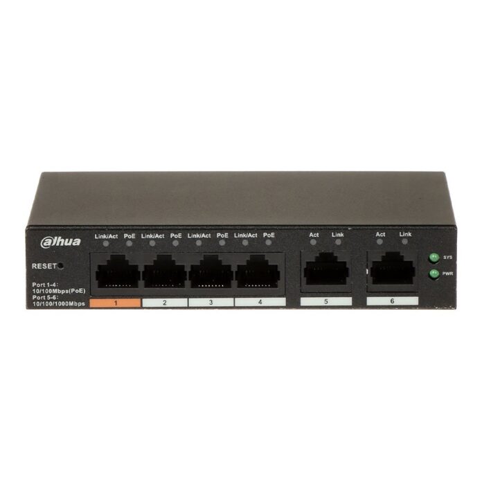 Switch cu 6 porturi Dahua CS4006-4ET-60, 4 porturi PoE 10/100 Mbps, 2 porturi uplink Gigabit, cu cloud management Switch cu 6 porturi Dahua CS4006-4ET-60, 4 porturi PoE 10/100 Mbps, 2 porturi uplink Gigabit, cu cloud management