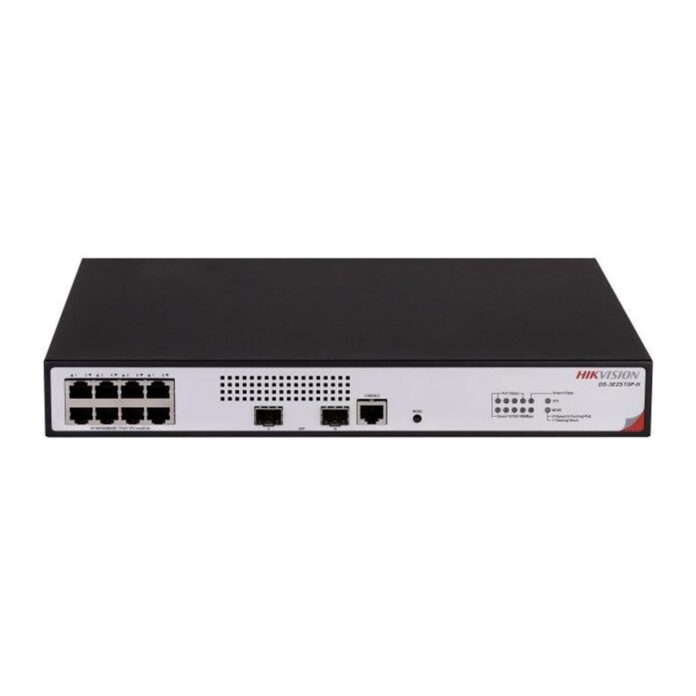 Switch cu 8 porturi PoE Hikvision DS-3E2510P-H, 336 Gbps, 25 Mpps, 16000 MAC, 2 port-uri fibra optica, cu management Switch cu 8 porturi PoE Hikvision DS-3E2510P-H, 336 Gbps, 25 Mpps, 16000 MAC, 2 port-uri fibra optica, cu management