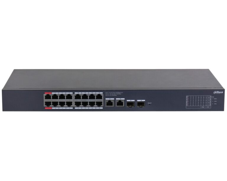 Switch Dahua CS4220-16GT-135, 20 porturi, 16x PoE, 2x RJ45 Gb uplink, 2x SFP Gb uplink, 135W, management, Watchdog, montare in rack