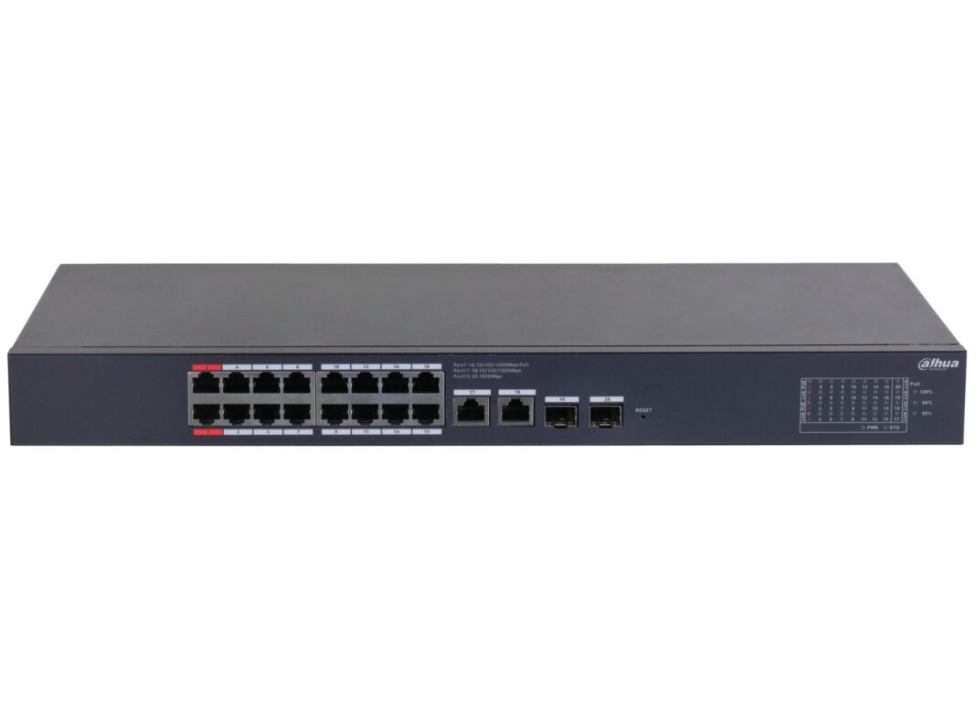 Switch Dahua CS4220-16GT-240, 20 porturi, 16x PoE Gb, 2x RJ45 Gb, 2x SFP Gb, 240 W, cu management, Watchdog