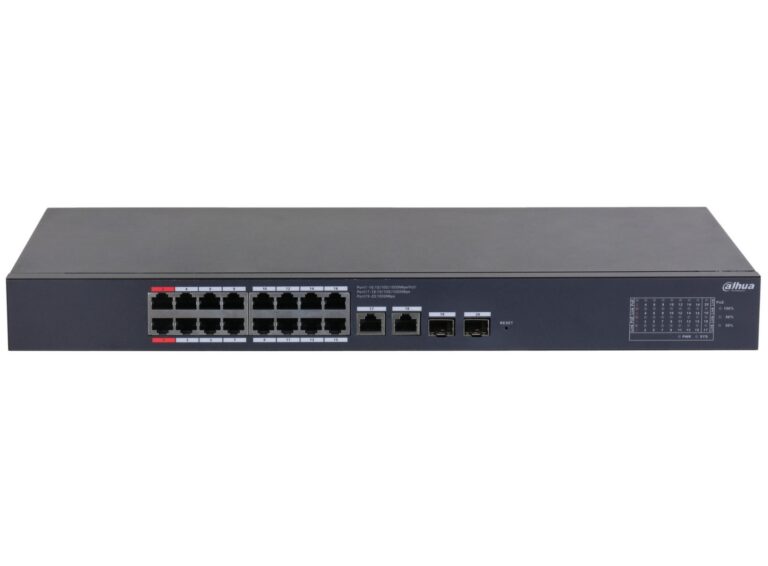 Switch Dahua CS4220-16GT-240, 20 porturi, 16x PoE Gb, 2x RJ45 Gb, 2x SFP Gb, 240 W, cu management, Watchdog