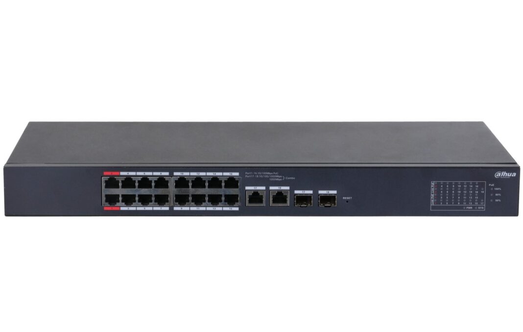 Switch PoE Dahua cu management, 18x porturi si 16x porturi PoE, Distanta 250m, CS4218-16ET-240