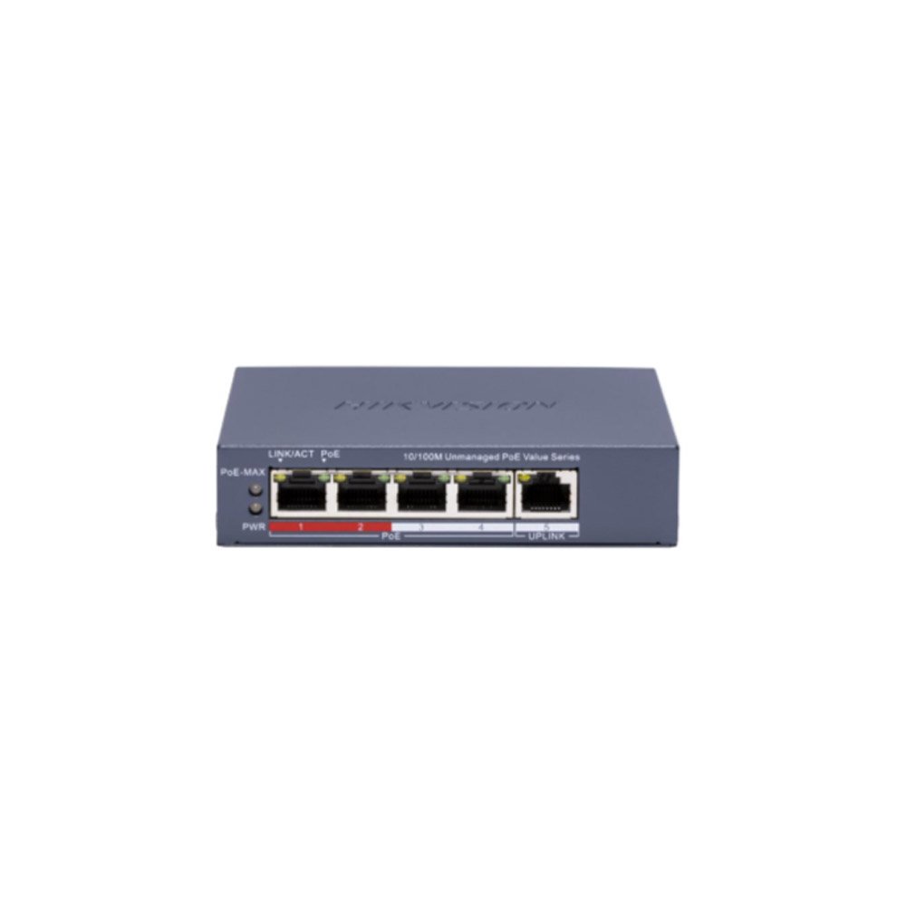 Switch PoE Hikvision DS-3E0105P-E/M(C), 4 porturi, 1 Gbps, 45 W buget, fara management Switch PoE Hikvision DS-3E0105P-E/M(C), 4 porturi, 1 Gbps, 45 W buget, fara management
