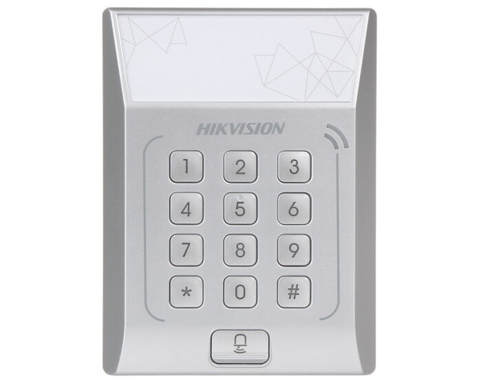 Terminal de control acces standalone cu Tastatura, PIN + card Mifare 13.56 Mhz, Hikvision DS-K1T801M, 3000 utilizatori, Memorie, Led, Beep