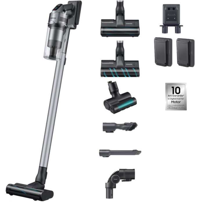 Aspirator vertical Samsung Jet 75 Complete Extra, 550 W, Perie Turbo/Soft/Mini-Turbo, Autonomie 120 minute, Arginitiu Aspirator vertical Samsung Jet 75 Complete Extra, 550 W, Perie Turbo/Soft/Mini-Turbo, Autonomie 120 minute, Arginitiu