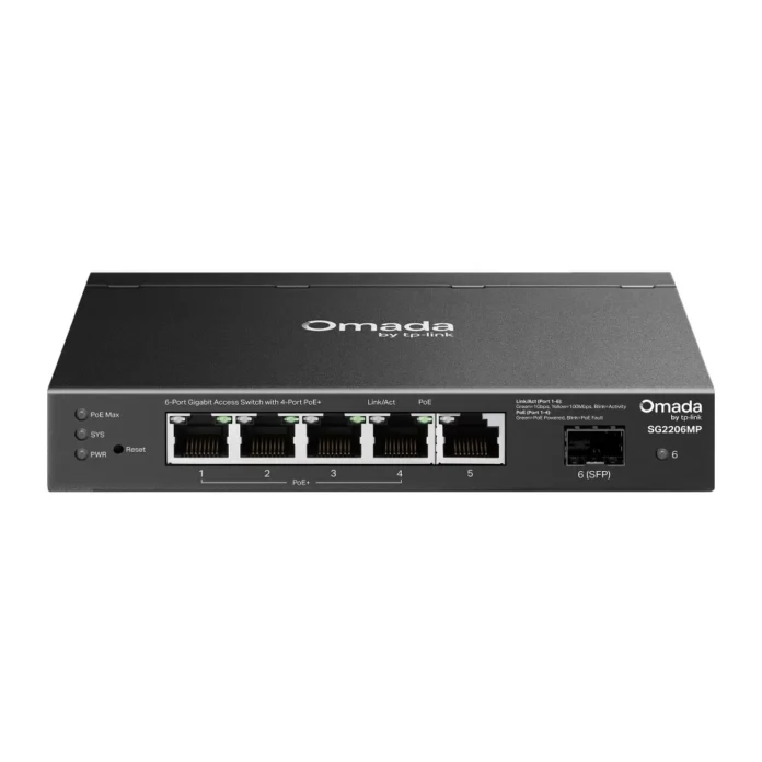 Switch TP-Link Omada SG2206MP cu management cu PoE 5x1000Mbps (4xPoE+) + 1xSFP Switch TP-Link Omada SG2206MP cu management cu PoE 5x1000Mbps (4xPoE+) + 1xSFP