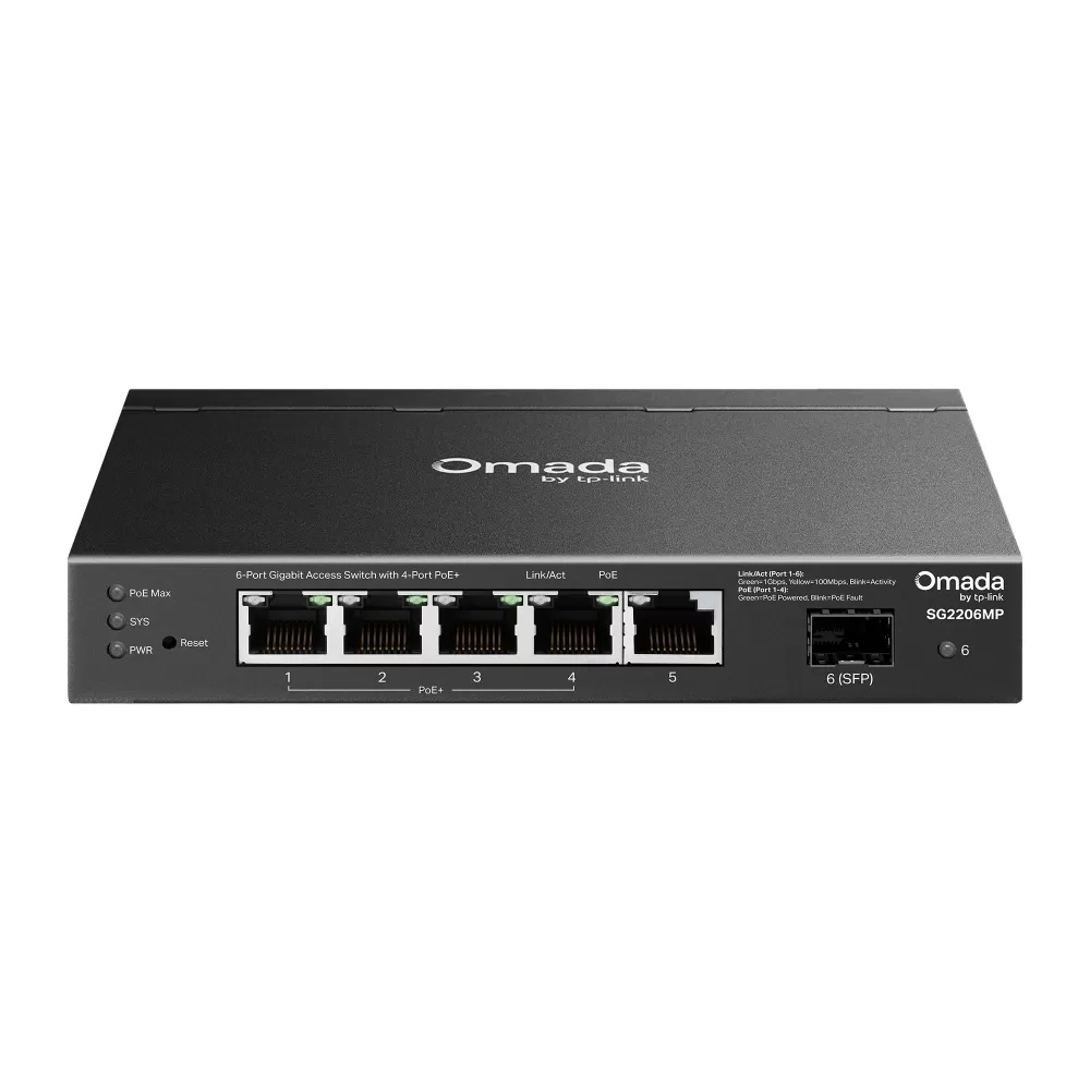 Switch TP-Link Omada SG2206MP cu management cu PoE 5x1000Mbps (4xPoE+) + 1xSFP Switch TP-Link Omada SG2206MP cu management cu PoE 5x1000Mbps (4xPoE+) + 1xSFP