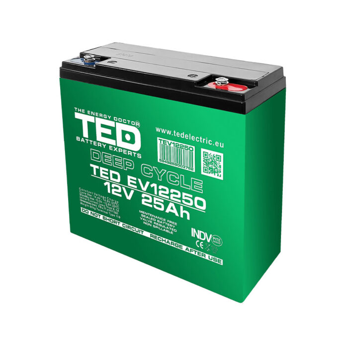 Acumulator AGM TED Deep Cycle pentru vehicule electrice TED003782, 12 V, 25 A Acumulator AGM TED Deep Cycle pentru vehicule electrice TED003782, 12 V, 25 A