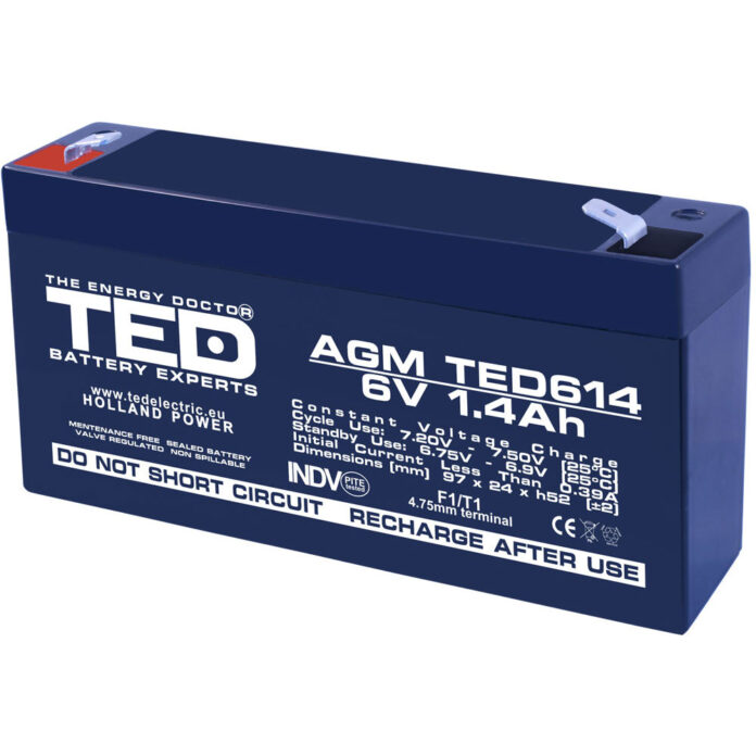 Acumulator AGM VRLA TED TED002839, 6 V, 1.4 A Acumulator AGM VRLA TED TED002839, 6 V, 1.4 A