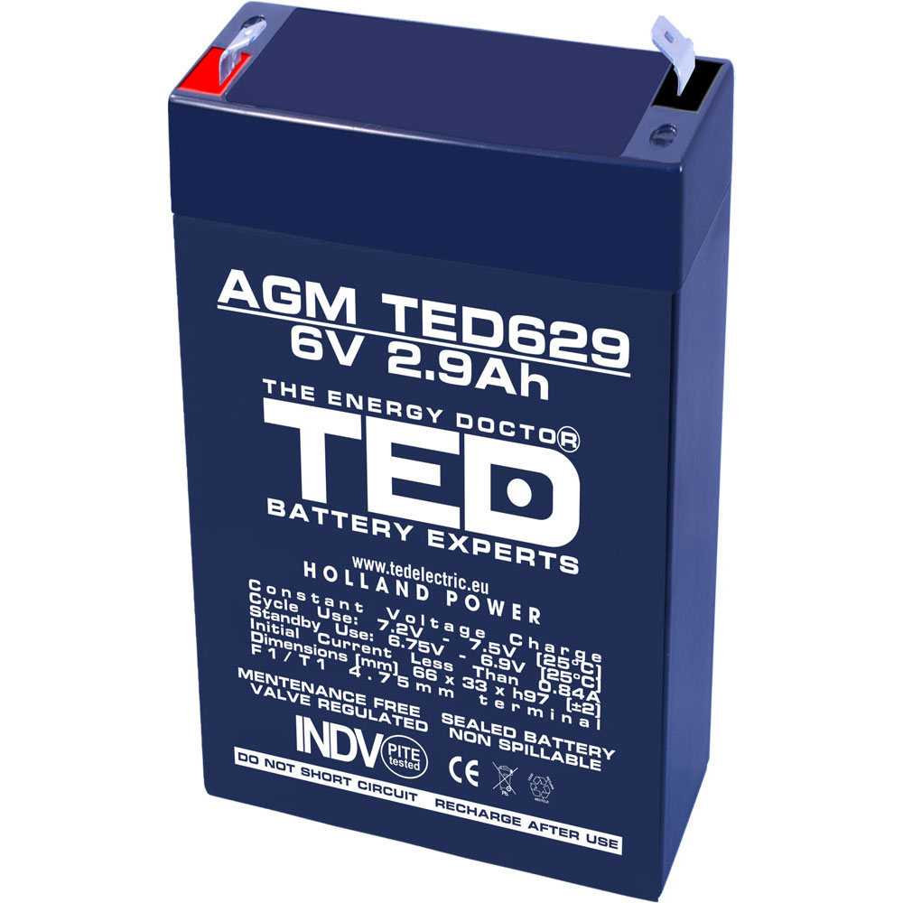 Acumulator AGM VRLA TED TED002877, 6 V, 2.9 A Acumulator AGM VRLA TED TED002877, 6 V, 2.9 A