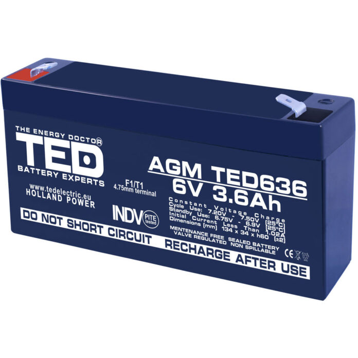 Acumulator AGM VRLA TED TED002891, 6 V, 3.6 A Acumulator AGM VRLA TED TED002891, 6 V, 3.6 A