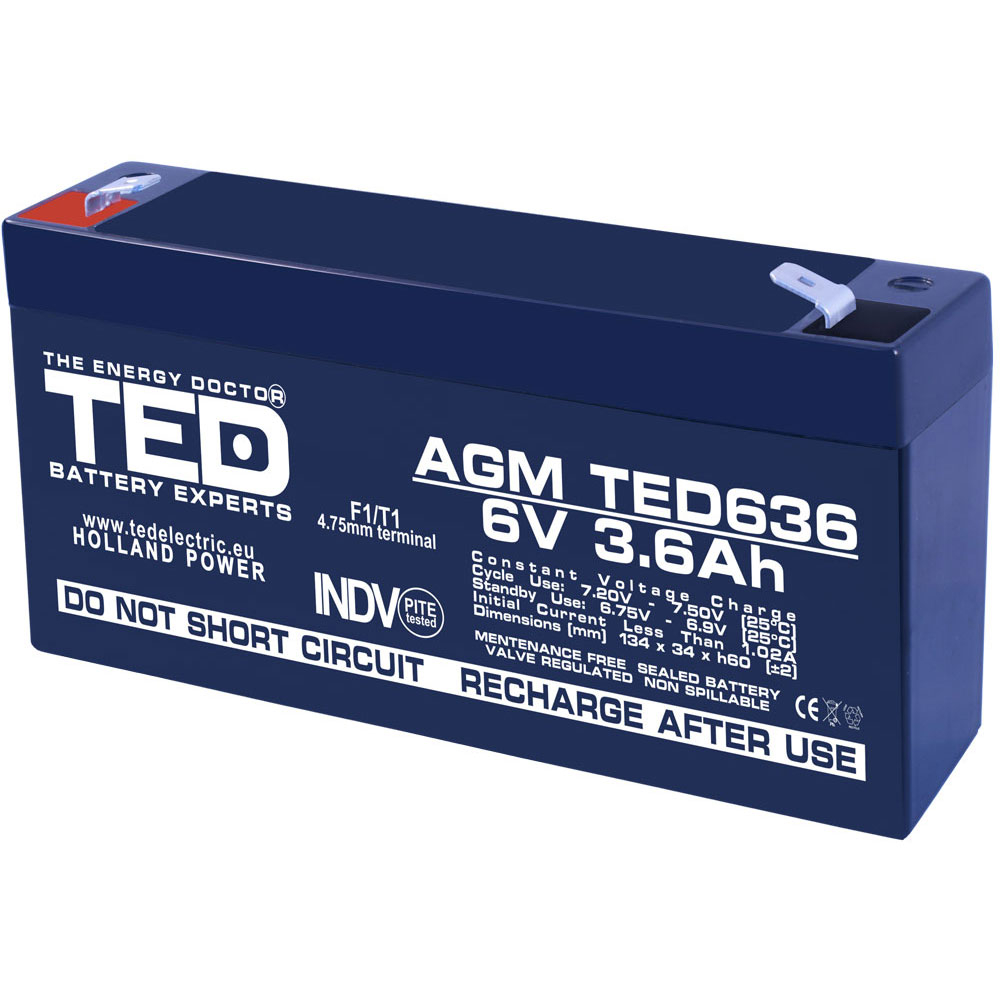 Acumulator AGM VRLA TED TED002891, 6 V, 3.6 A Acumulator AGM VRLA TED TED002891, 6 V, 3.6 A