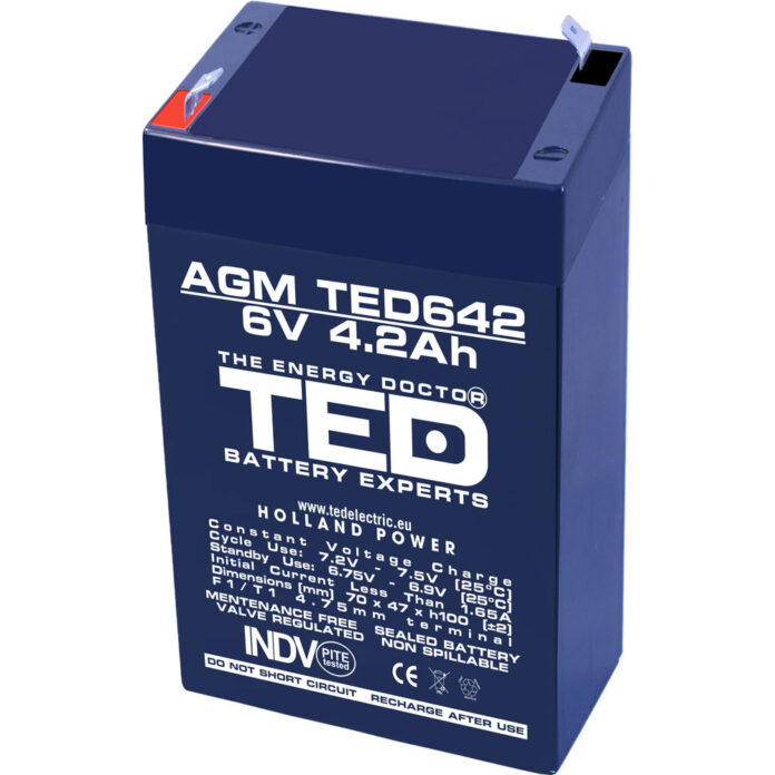 Acumulator AGM VRLA TED TED002914, 6 V, 4.2 A Acumulator AGM VRLA TED TED002914, 6 V, 4.2 A
