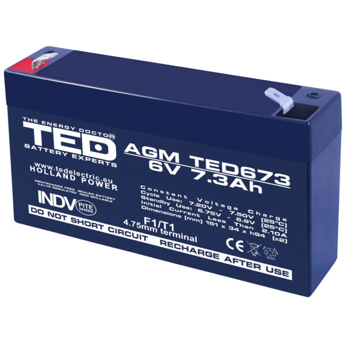 Acumulator AGM VRLA TED TED002976, 6 V, 7.3 A Acumulator AGM VRLA TED TED002976, 6 V, 7.3 A