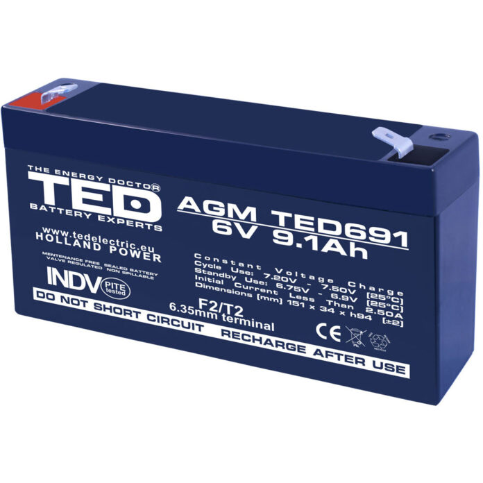 Acumulator AGM VRLA TED TED002990, 6 V, 9.1 A Acumulator AGM VRLA TED TED002990, 6 V, 9.1 A