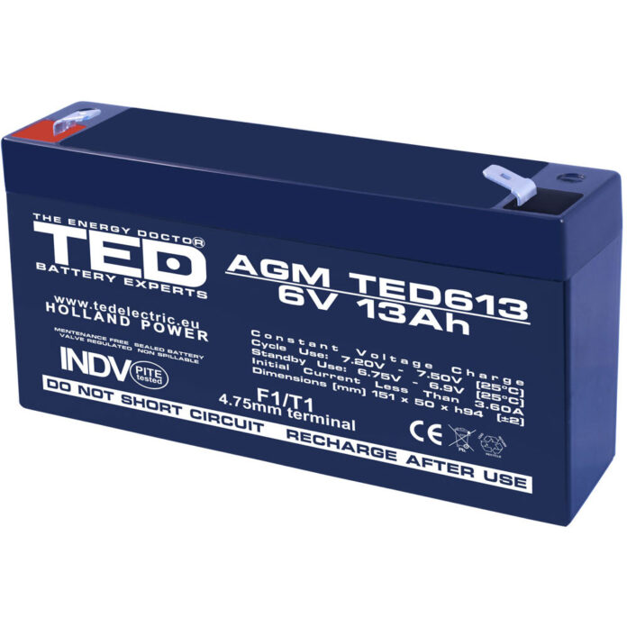 Acumulator AGM VRLA TED TED003010, 6 V, 13 A Acumulator AGM VRLA TED TED003010, 6 V, 13 A