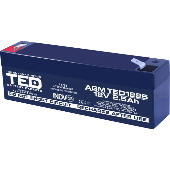 Acumulator AGM VRLA TED TED003096, 12 V, 2.5 A Acumulator AGM VRLA TED TED003096, 12 V, 2.5 A