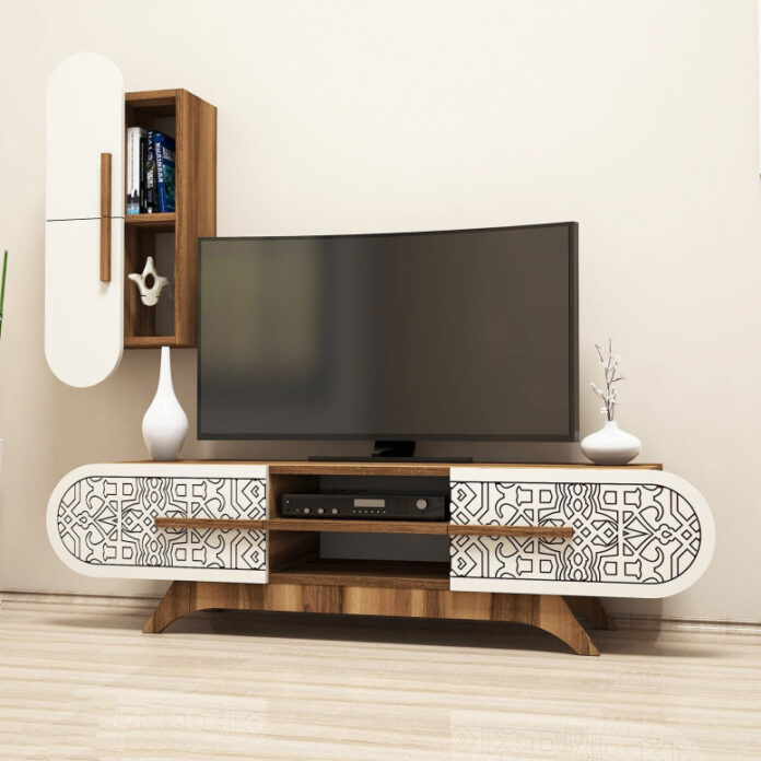 Ansamblu Comoda TV Defne Walnut-Cream Ansamblu Comoda TV Defne Walnut-Cream