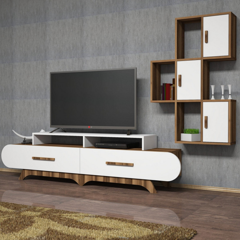 Ansamblu Comoda TV FloraS Walnut-Alb Ansamblu Comoda TV FloraS Walnut-Alb