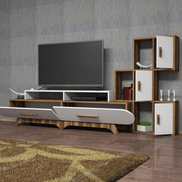 Ansamblu Comoda TV FloraS Walnut-Alb Ansamblu Comoda TV FloraS Walnut-Alb