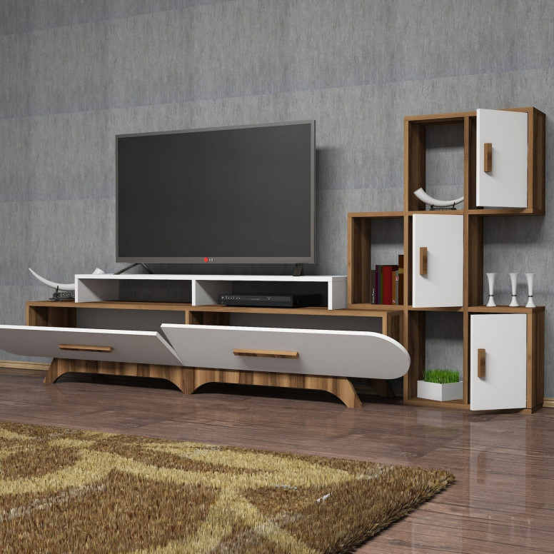 Ansamblu Comoda TV FloraS Walnut-Alb Ansamblu Comoda TV FloraS Walnut-Alb
