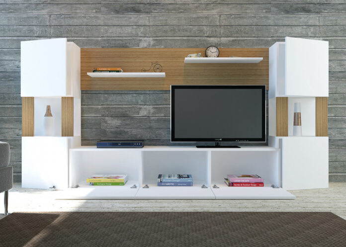 Ansamblu Comoda TV Lore Alb-Teak Ansamblu Comoda TV Lore Alb-Teak