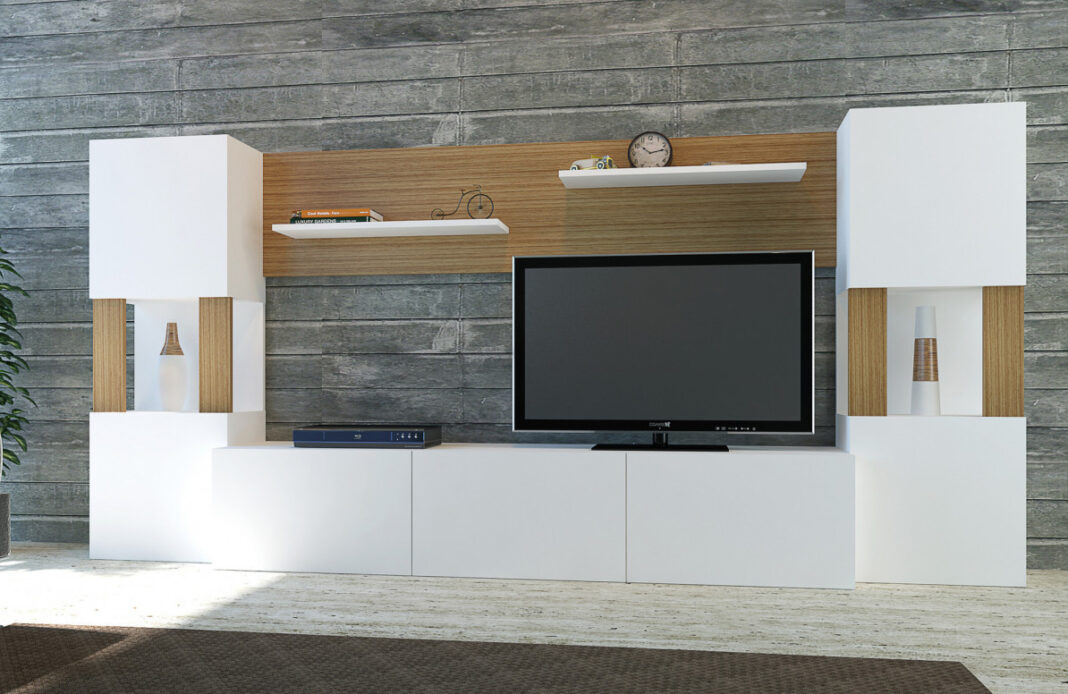 Ansamblu Comoda TV Lore Alb-Teak Ansamblu Comoda TV Lore Alb-Teak