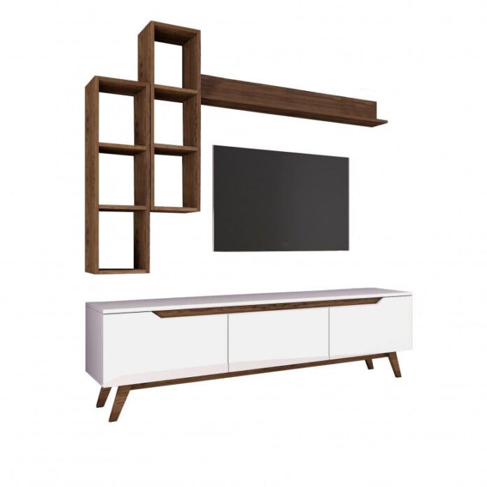 Ansamblu Comoda TV M16-804 Alb-Walnut Ansamblu Comoda TV M16-804 Alb-Walnut