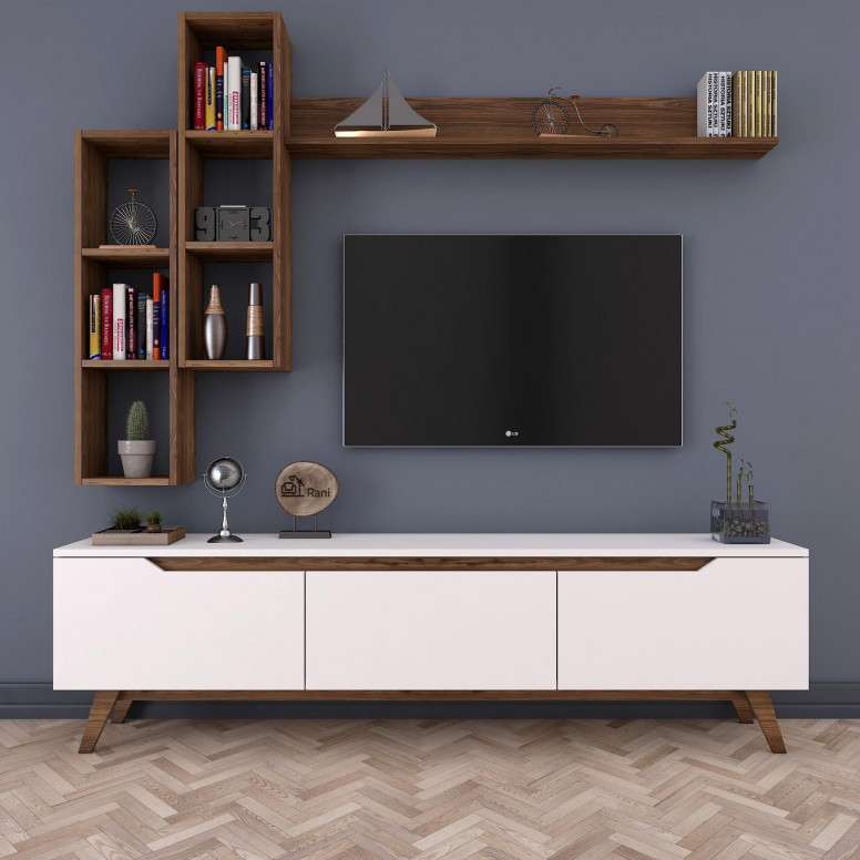 Ansamblu Comoda TV M16-804 Alb-Walnut Ansamblu Comoda TV M16-804 Alb-Walnut